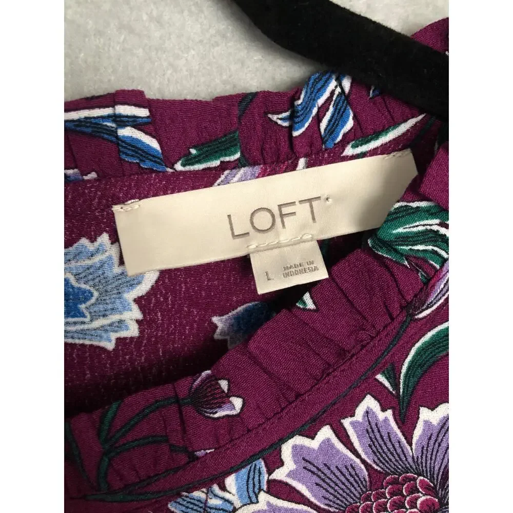 LOFT Pin Tuck Top Puff Sleeve Floral Purple Women's Large